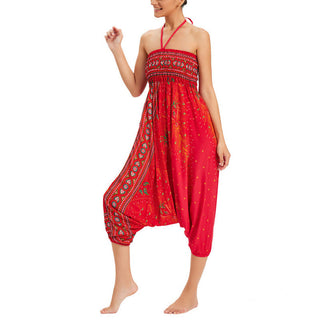 Buddha Gift Two Style Wear Peacock Feather Loose Smocked Harem Trousers Jumpsuit High Waist Pants