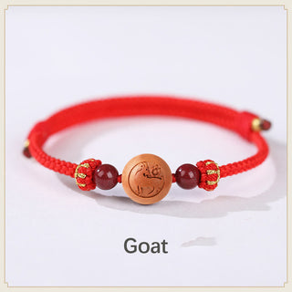 Buddha Gift Natural Peach Wood Chinese Zodiac Fu Character Carved Cinnabar Wealth Bracelet