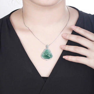 Buddha Gift 925 Sterling Silver Laughing Buddha Natural Jade Luck Abundance Chain Necklace Pendant