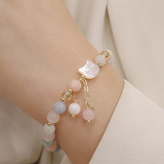 Buddha Gift Natural Strawberry Quartz Morganite Tridacna Stone Cat Love Bracelet