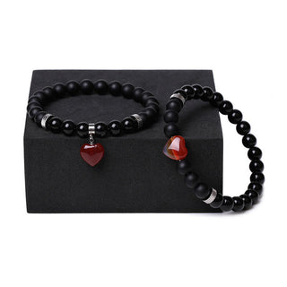 Buddha Gift 2Pcs Black Onyx Crystal Stone Love Heart Protection Support Couple Bracelet