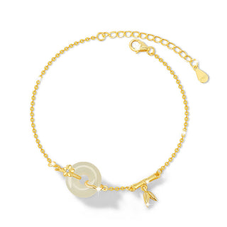 Buddha Gift 925 Sterling Silver Hetian Jade Chalcedony Peace Buckle Bamboo Leaf Prosperity Chain Bracelet