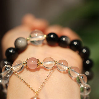 Buddha Gift Natural Silver Sheen Obsidian Pink Crystal White Crystal Protection Yin Yang Color Couple Bracelet