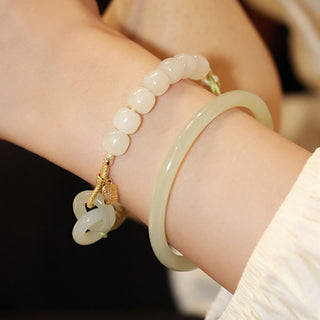 Buddha Gift Natural Hetian Jade Bead Double Peace Buckle Fu Character Abundance Braided Bracelet