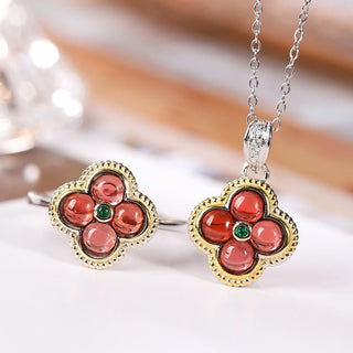 Buddha Gift 925 Sterling Silver Natural Garnet Four-leaf Clover Protection Necklace Pendant Ring