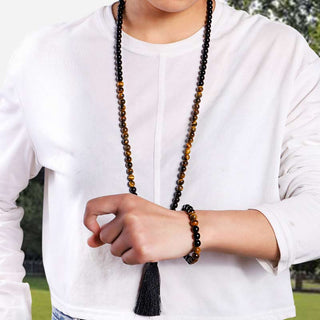 Buddha Gift Tibetan Black Onyx Tiger Eye Protection Necklace Mala Set