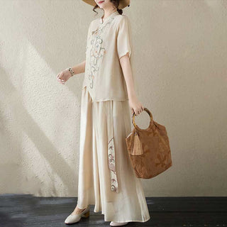 Buddha Gift 2Pcs Flower Embroidery Short Sleeve Tee T-shirt Wide Leg Pants Set