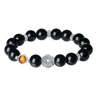 Buddha Gift 925 Sterling Silver Black Obsidian Tiger Eye Eye of Providence Purification Bracelet