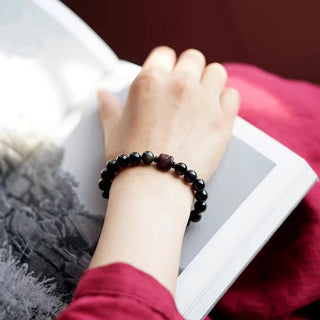 Buddha Gift Natural Gold Sheen Obsidian Rainbow Obsidian Om Mani Padme Hum Fu Character Healing Bracelet