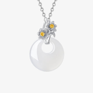 Buddha Gift 925 Sterling Silver Round Chalcedony Twelve Months Flower Harmony Necklace Pendant