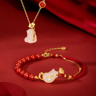 Buddha Gift 925 Sterling Silver Plated 18K Gold Hetian Jade Ruyi Cat Cinnabar Luck Bracelet Necklace Pendant Set