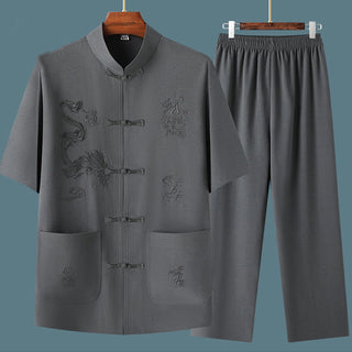 Buddha Gift Tang Suit Hanfu Chinese Dragon Traditional Kung Fu Uniform Short Sleeve Tops and Pants Clothing Men's Set
