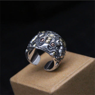 Buddha Gift 925 Sterling Silver Fengshui Kui Cattle Protection Adjustable Ring