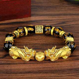 Buddha Gift FengShui Double PiXiu Obsidian Om Mani Padme Hum Wealth Bracelet
