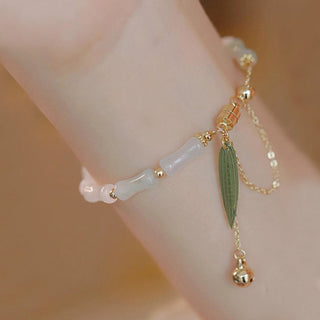 Buddha Gift 14K Gold Plated Hetian White Jade Bamboo Leaf Luck Protection Bracelet