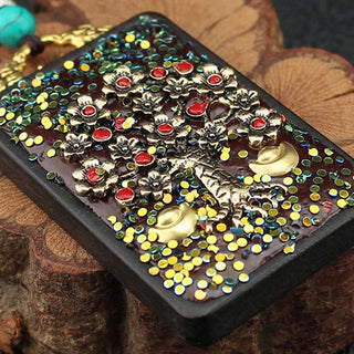 Buddha Gift Tibet God Of Wealth Money Tree Golden Phoenix Thangka Ebony Peace Necklace Pendant