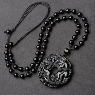 Buddha Gift Natural Black Obsidian Peace Buckle Pixiu Purification Necklace Pendant