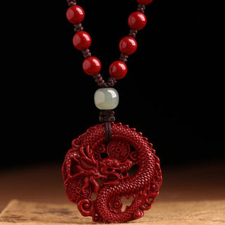 Buddha Gift Year Of The Dragon Natural Cinnabar Hetian Jade Bead Copper Coin Attract Wealth Strength Necklace Pendant
