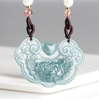 Buddha Gift Natural Jade Peony Flower Lock of Good Wishes Prosperity Necklace Pendant