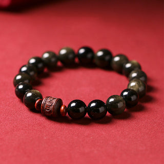 Buddha Gift Natural Gold Sheen Obsidian Rainbow Obsidian Om Mani Padme Hum Fu Character Healing Bracelet