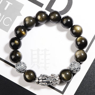 Buddha Gift 925 Sterling Silver Natural Gold Sheen Obsidian PiXiu Wealth Protection Bracelet