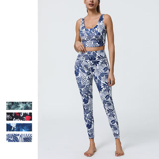 Buddha Gift 2Pcs Pineapple Grass Leaves Print Sports Fitness Crop Tank Bra High Waist Leggings Yoga Pants