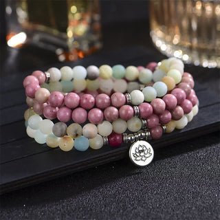 Buddha Gift Lazurite Picasso Jasper Amazonite Rhodonite Apatite Positive Lotus Prayer Bead Bracelet