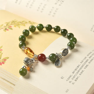 Buddha Gift 925 Sterling Silver Hetian Cyan Jade Gourd Amber Success Bracelet