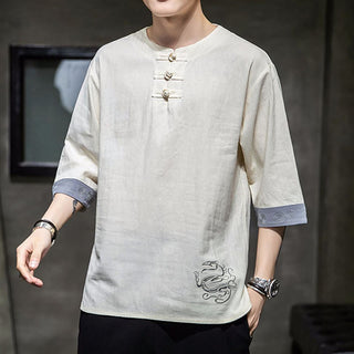 Buddha Gift Frog-Button Dragon Embroidery Chinese Tang Suit Three Quarter Sleeve Shirt Cotton Linen Men Clothing