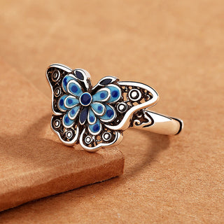 Buddha Gift Hollow Enamel Blue Butterfly Pattern Love Ring