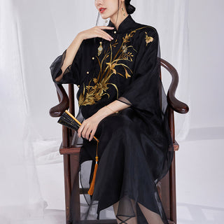 Buddha Gift 100% Mulberry Silk 6 Momme Dress Vintage Flower Butterfly Embroidery Qipao Dress Women's Cheongsam Dress
