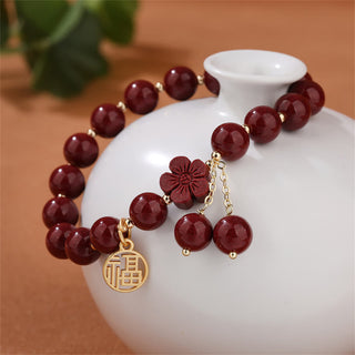 Buddha Gift Cinnabar Fu Character Cherry Blossom Blessing Bracelet