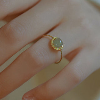 Buddha Gift 14K Gold Plated Round Jade Luck Prosperity Adjustable Ring