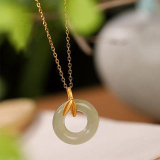 Buddha Gift 925 Sterling Silver Cyan Jade Peace Buckle Bamboo Leaf Harmony Necklace Pendant
