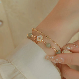 Buddha Gift 14K Gold Plated Jade Butterfly Tridacna Stone Flower Double Layer Luck Bracelet