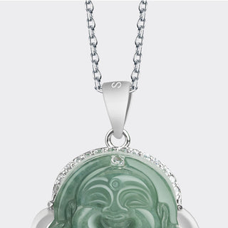 Buddha Gift 925 Sterling Silver Laughing Buddha Jade Abundance Necklace Chain Pendant