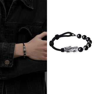 Buddha Gift 999 Sterling Silver FengShui PiXiu Natural Black Obsidian 925 Sterling Silver Bead Strength Bracelet