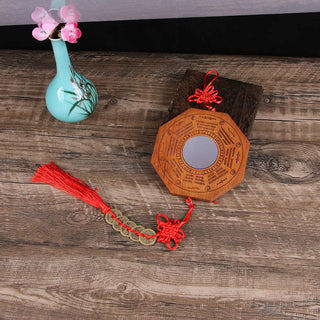Buddha Gift Feng Shui Bagua Map Peach Wood Five-Emperor Coins Chinese Knotting Balance Energy Map Mirror