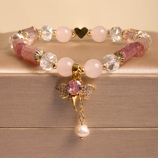 Buddha Gift Amethyst Green Aventurine Strawberry Quartz Positive Elephant Charm Bracelet