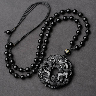 Buddha Gift Natural Black Obsidian Peace Buckle Pixiu Purification Necklace Pendant