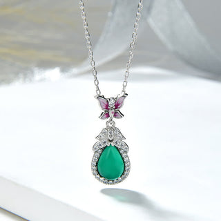 Buddha Gift 925 Sterling Silver Green Chalcedony Butterfly Zircon Courage Necklace Pendant