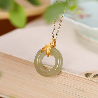 Buddha Gift 925 Sterling Silver Cyan Jade Peace Buckle Bamboo Leaf Harmony Necklace Pendant
