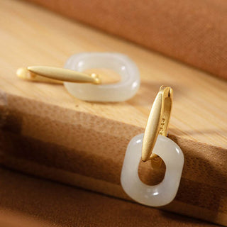 Buddha Gift 925 Sterling Silver Round White Jade Happiness Blessing Earrings