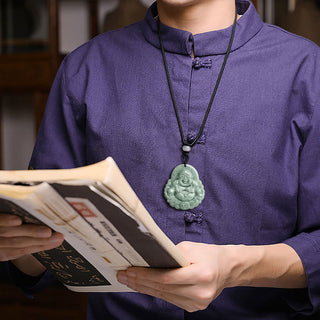 Buddha Gift Laughing Buddha Natural Jade Copper Coin Abundance Necklace Pendant