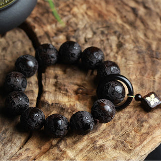 Buddha Gift Ebony Wood Chinese Character Yin Yang Engraved Gourd Balance Bracelet