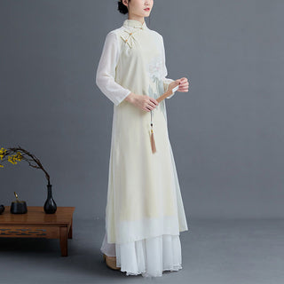 Buddha Gift 2Pcs Peony Flower Cheongsam Midi Dress Skirt Chiffon Zen Clothing Women's Set