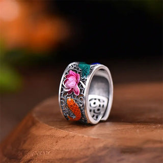 Buddha Gift Copper Blue Enamel Lotus Heart Sutra Koi Fish Luck Ring