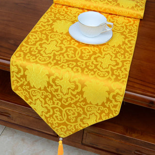 Buddha Gift Prayer Altar Flower Vajra Dragon Pattern Tibetan Auspicious Symbols Tassels Jacquard Table Runner