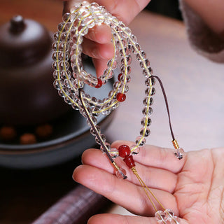 Buddha Gift 108 Mala Beads 925 Sterling Silver Natural White Agate Red Agate Quadruple Wrap Protection Bracelet