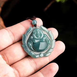 Buddha Gift Natural Jade Laughing Buddha Lotus Pattern Luck Necklace Pendant